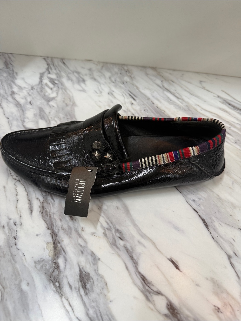 Gucci Black Patent Leather Fringe Loafers with Multicolor Trim - Picture 3 of 10